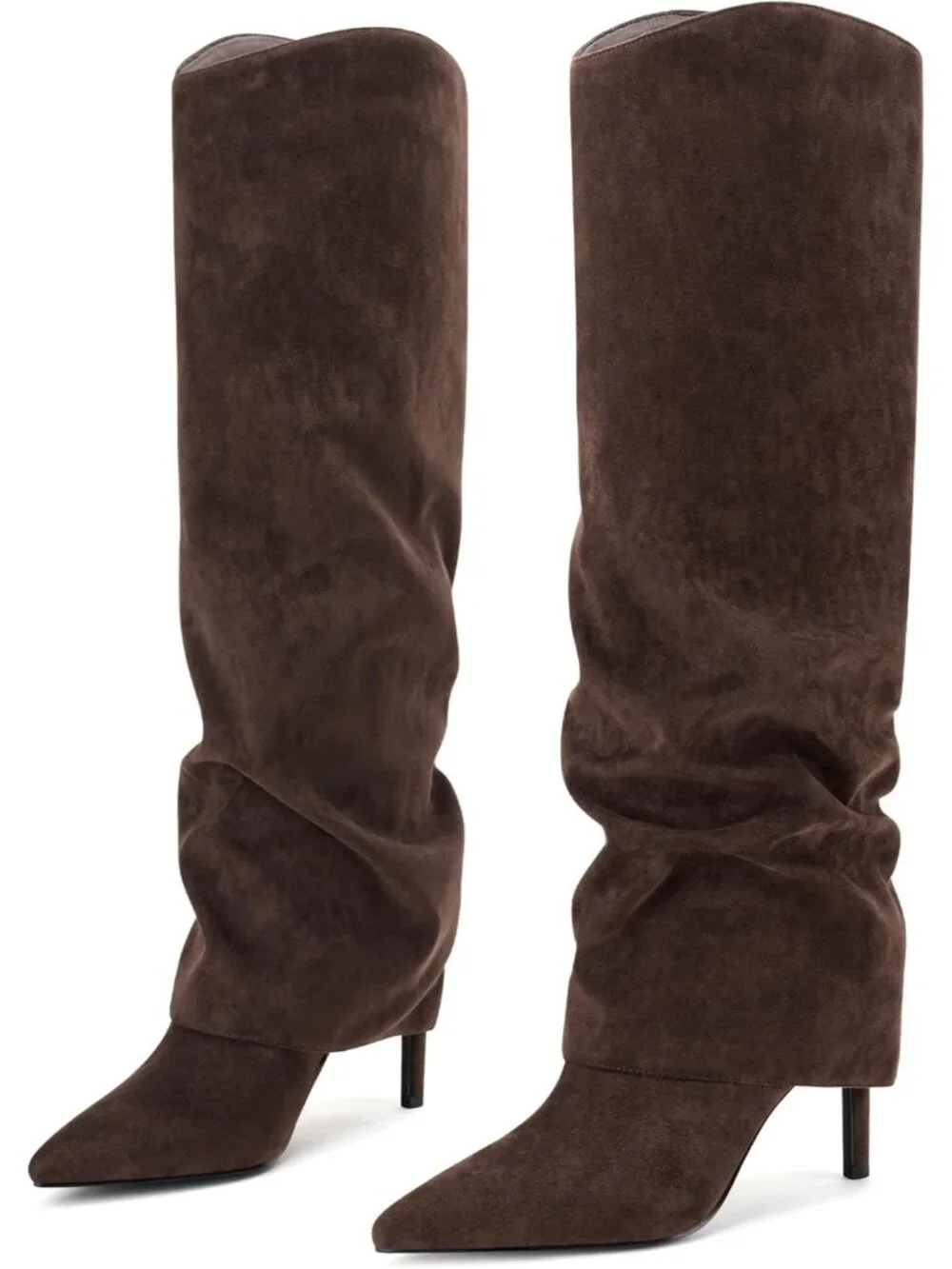 Women's Brown Suede Stiletto High Heels Pointed Toe Fold Over Knee High Boots